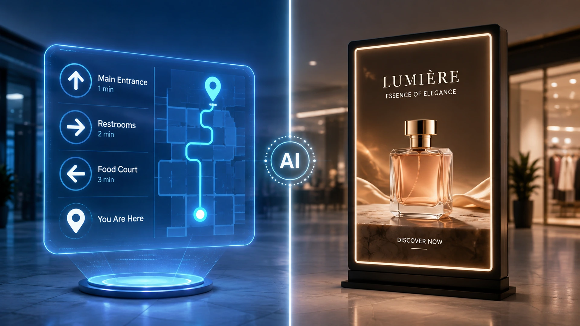 Holographic AI wayfinding assistant combining visitor guidance with digital advertising in a high-footfall venue